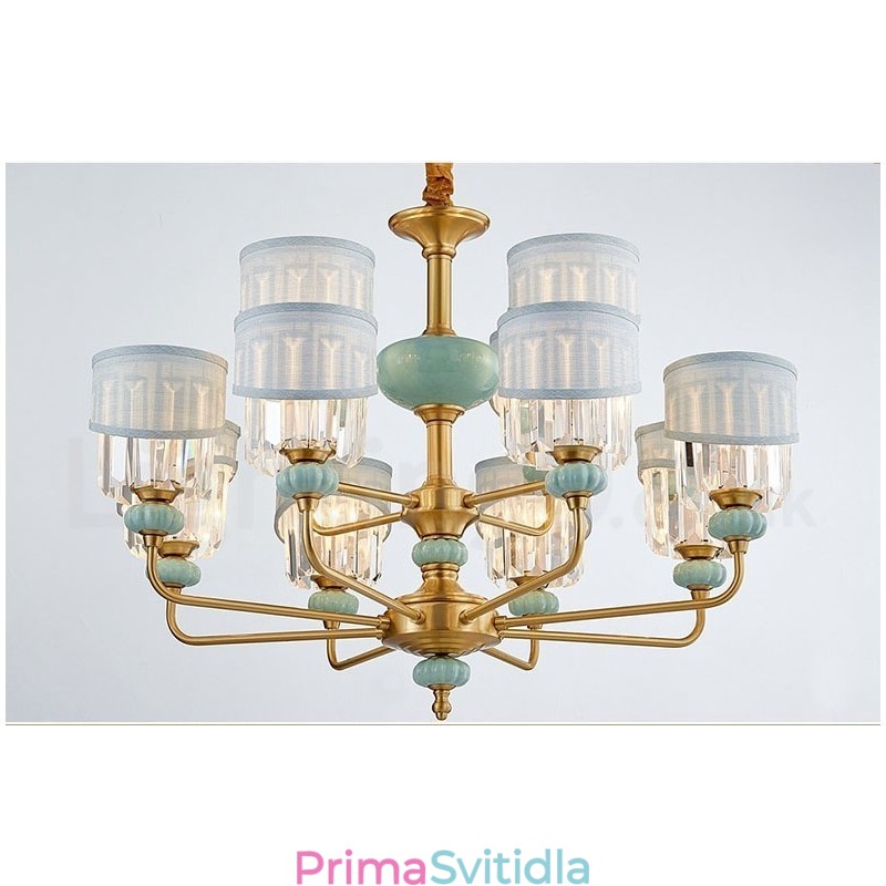 Pure Brass luxusní rustikální retro vintage mosazný keramický závěsný svíčkový lustr s látkovými a křišťálovými stínidly