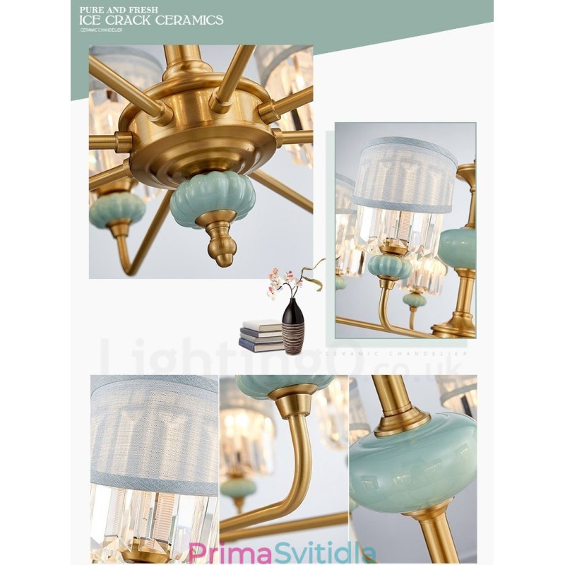 Pure Brass luxusní rustikální retro vintage mosazný keramický závěsný svíčkový lustr s látkovými a křišťálovými stínidly