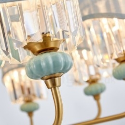 Pure Brass luxusní rustikální retro vintage mosazný keramický závěsný svíčkový lustr s látkovými a křišťálovými stínidly