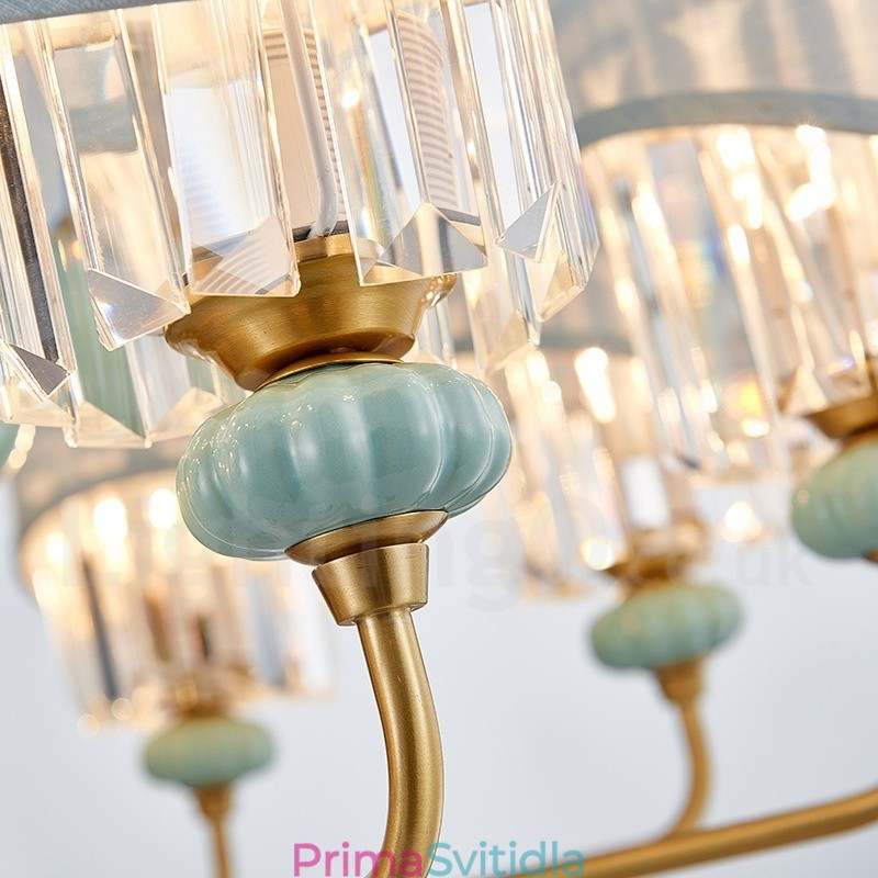 Pure Brass luxusní rustikální retro vintage mosazný keramický závěsný svíčkový lustr s látkovými a křišťálovými stínidly