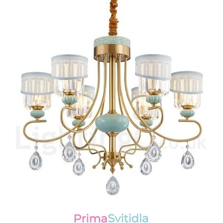 Pure Brass luxusní rustikální retro vintage mosazný keramický závěsný svíčkový lustr s látkovými a křišťálovými stínidly Pure Brass luxusní rustikální retro vintage mosazný keramický závěsný svíčkový lustr s látkovými a křišťálovými stínidly
