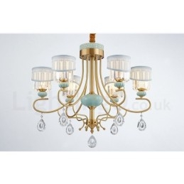 Pure Brass luxusní rustikální retro vintage mosazný keramický závěsný svíčkový lustr s látkovými a křišťálovými stínidly