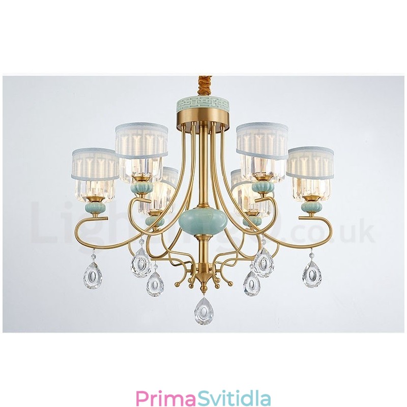 Pure Brass luxusní rustikální retro vintage mosazný keramický závěsný svíčkový lustr s látkovými a křišťálovými stínidly