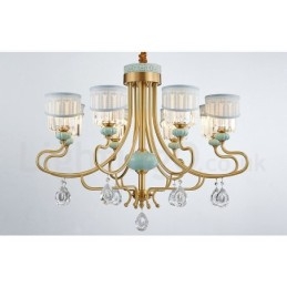 Pure Brass luxusní rustikální retro vintage mosazný keramický závěsný svíčkový lustr s látkovými a křišťálovými stínidly