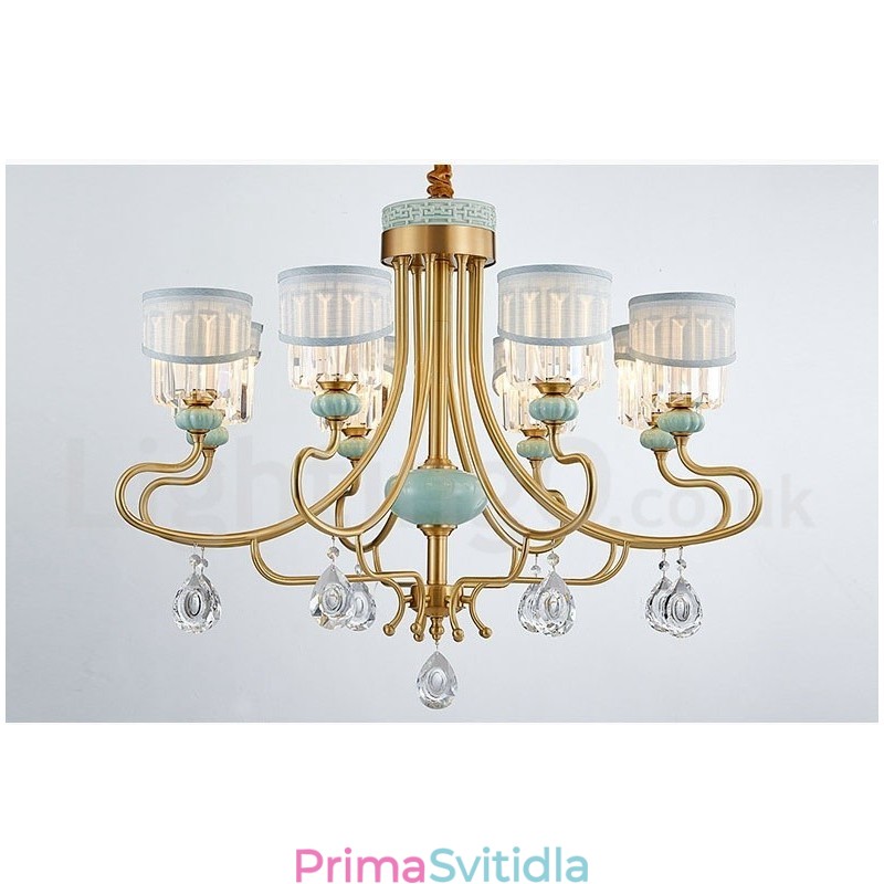 Pure Brass luxusní rustikální retro vintage mosazný keramický závěsný svíčkový lustr s látkovými a křišťálovými stínidly