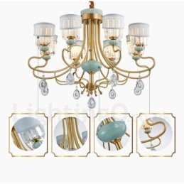 Pure Brass luxusní rustikální retro vintage mosazný keramický závěsný svíčkový lustr s látkovými a křišťálovými stínidly