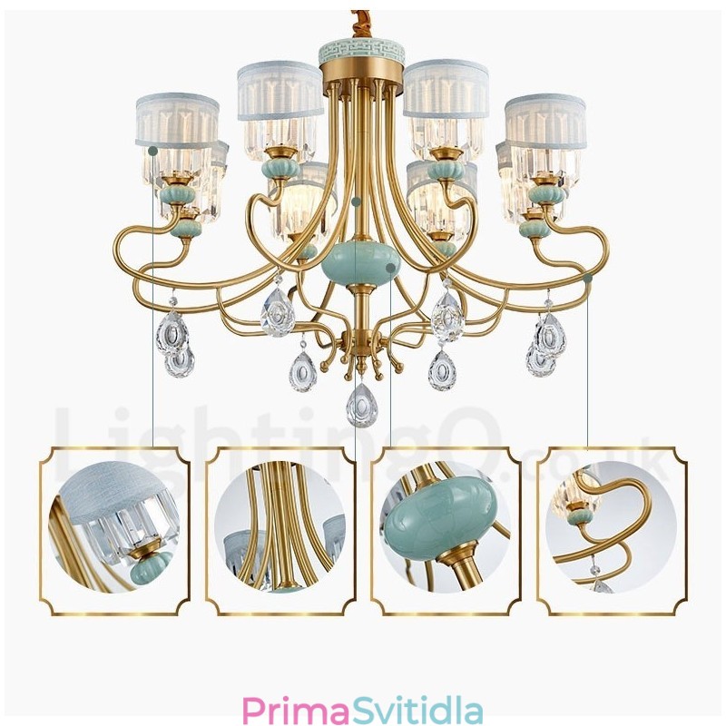 Pure Brass luxusní rustikální retro vintage mosazný keramický závěsný svíčkový lustr s látkovými a křišťálovými stínidly