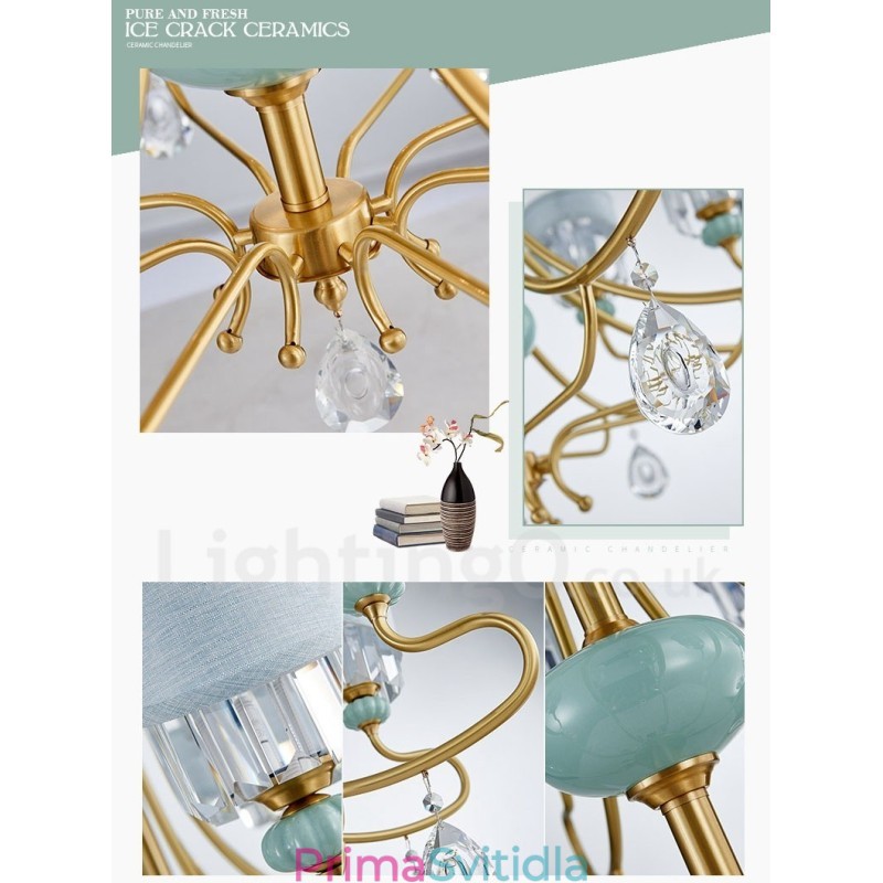 Pure Brass luxusní rustikální retro vintage mosazný keramický závěsný svíčkový lustr s látkovými a křišťálovými stínidly