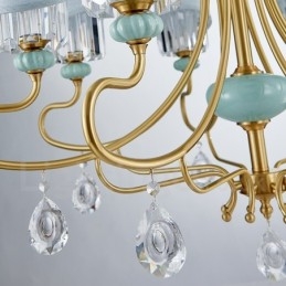 Pure Brass luxusní rustikální retro vintage mosazný keramický závěsný svíčkový lustr s látkovými a křišťálovými stínidly