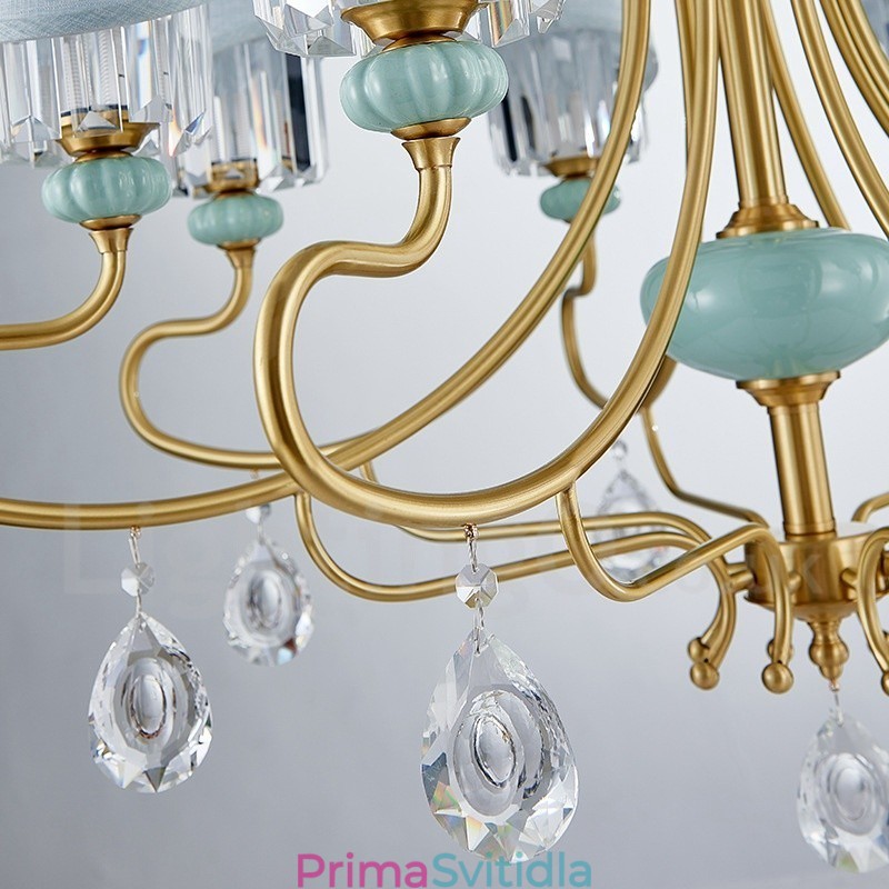 Pure Brass luxusní rustikální retro vintage mosazný keramický závěsný svíčkový lustr s látkovými a křišťálovými stínidly