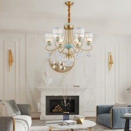 Pure Brass luxusní rustikální retro vintage mosazný keramický závěsný svíčkový lustr s látkovými a křišťálovými stínidly