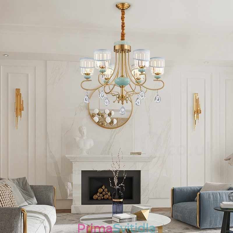 Pure Brass luxusní rustikální retro vintage mosazný keramický závěsný svíčkový lustr s látkovými a křišťálovými stínidly