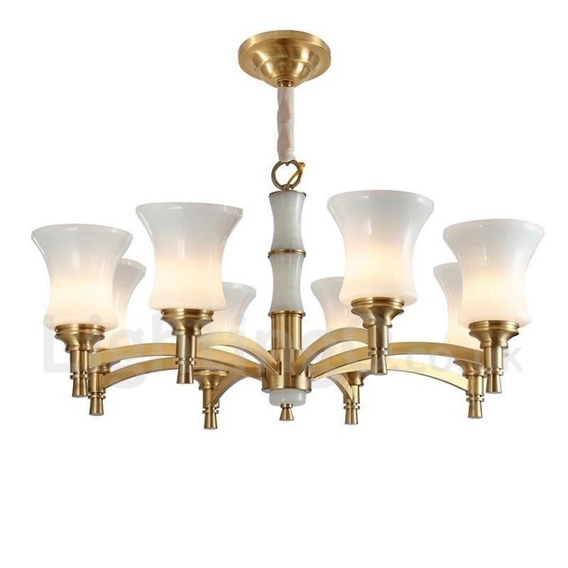 Pure Brass luxusní rustikální retro vintage mosazný kamenný závěsný svíčkový lustr se skleněnými stínidly
