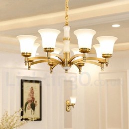 Pure Brass luxusní rustikální retro vintage mosazný kamenný závěsný svíčkový lustr se skleněnými stínidly