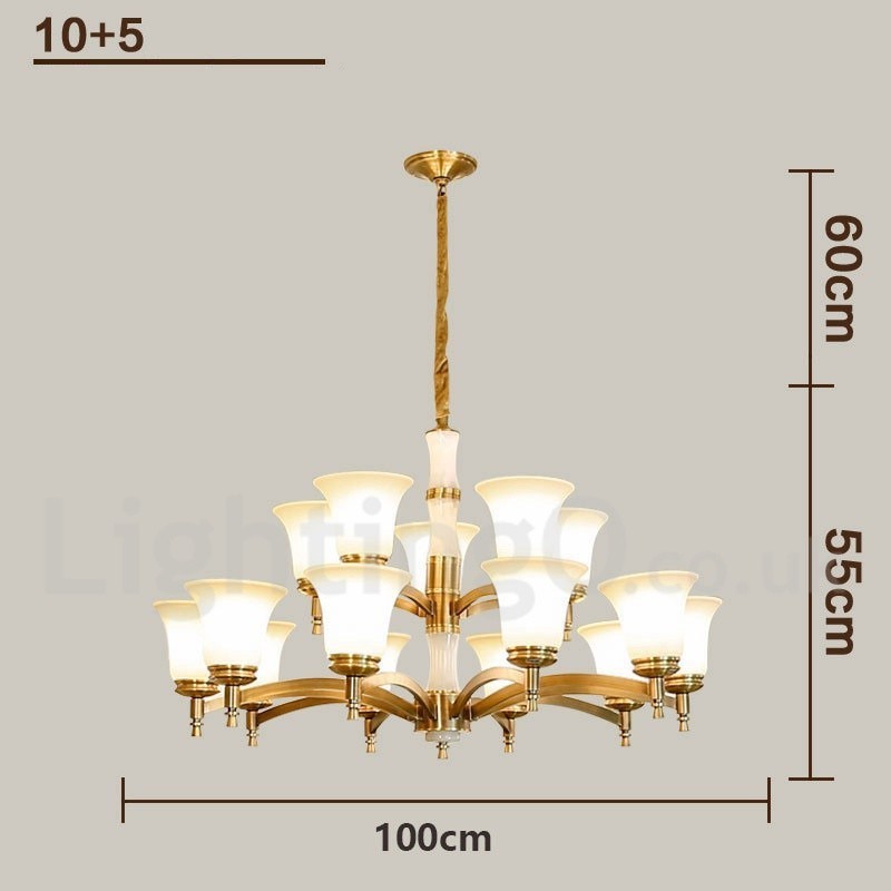Pure Brass luxusní rustikální retro vintage mosazný kamenný závěsný svíčkový lustr se skleněnými stínidly