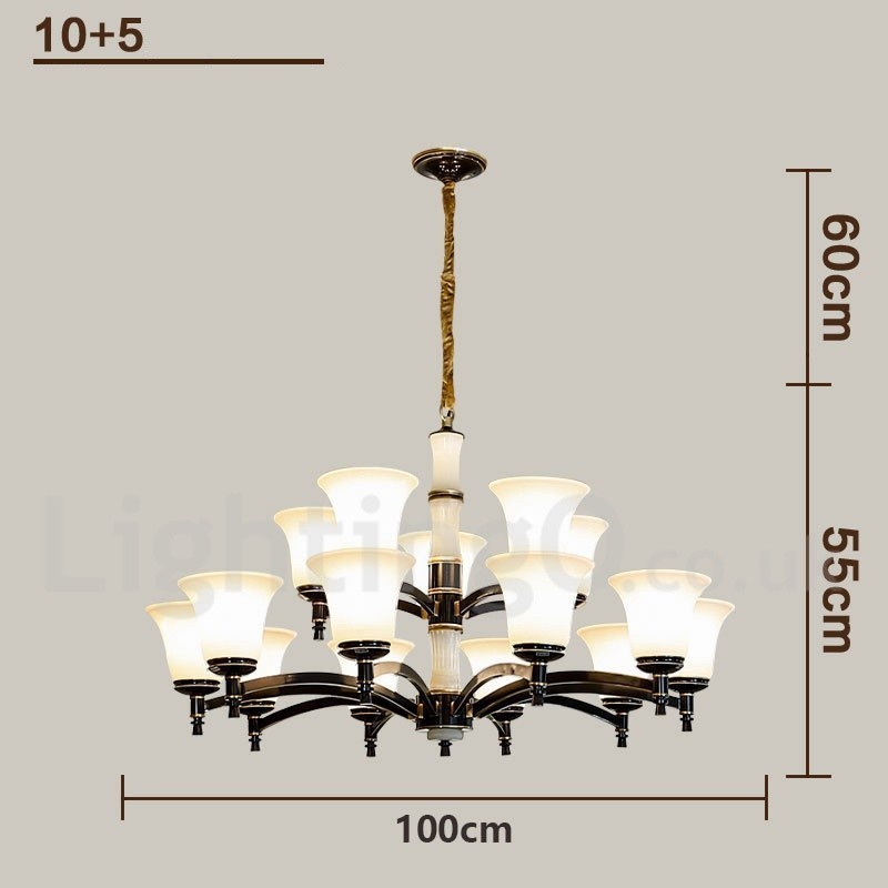 Pure Brass luxusní rustikální retro vintage mosazný kamenný závěsný svíčkový lustr se skleněnými stínidly