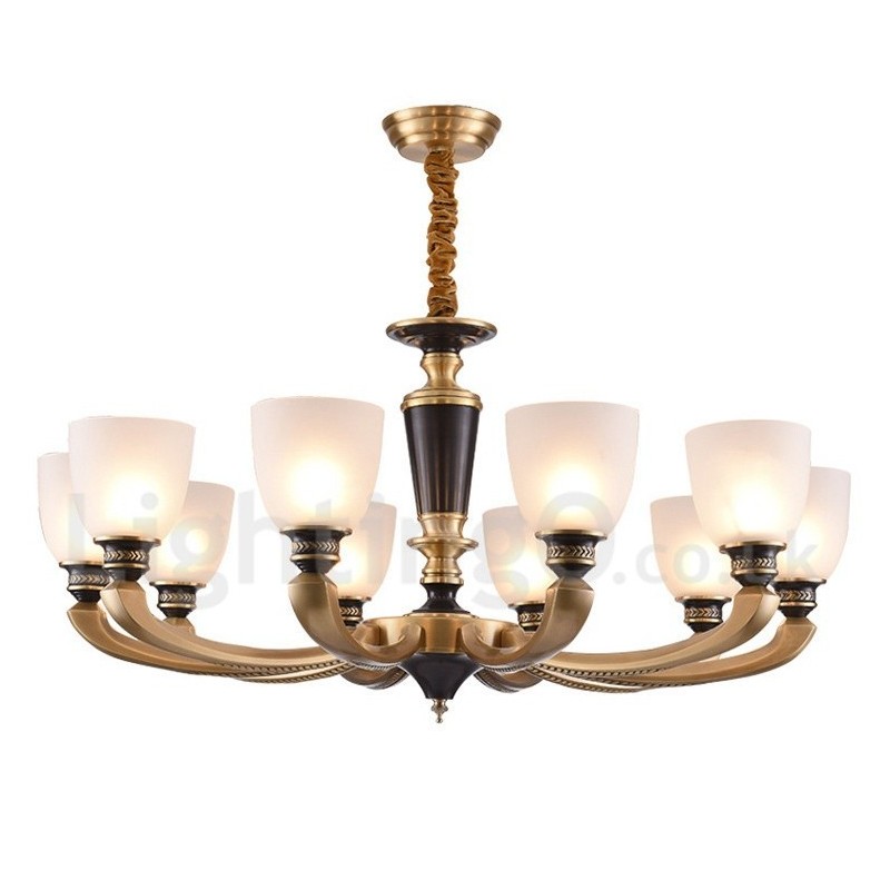 Pure Brass luxusní rustikální retro vintage mosazný závěsný svíčkový lustr se skleněnými stínidly