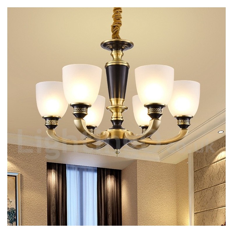 Pure Brass luxusní rustikální retro vintage mosazný závěsný svíčkový lustr se skleněnými stínidly