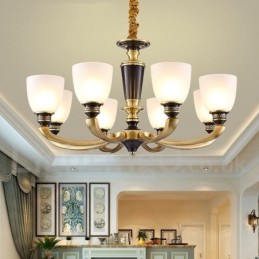 Pure Brass luxusní rustikální retro vintage mosazný závěsný svíčkový lustr se skleněnými stínidly