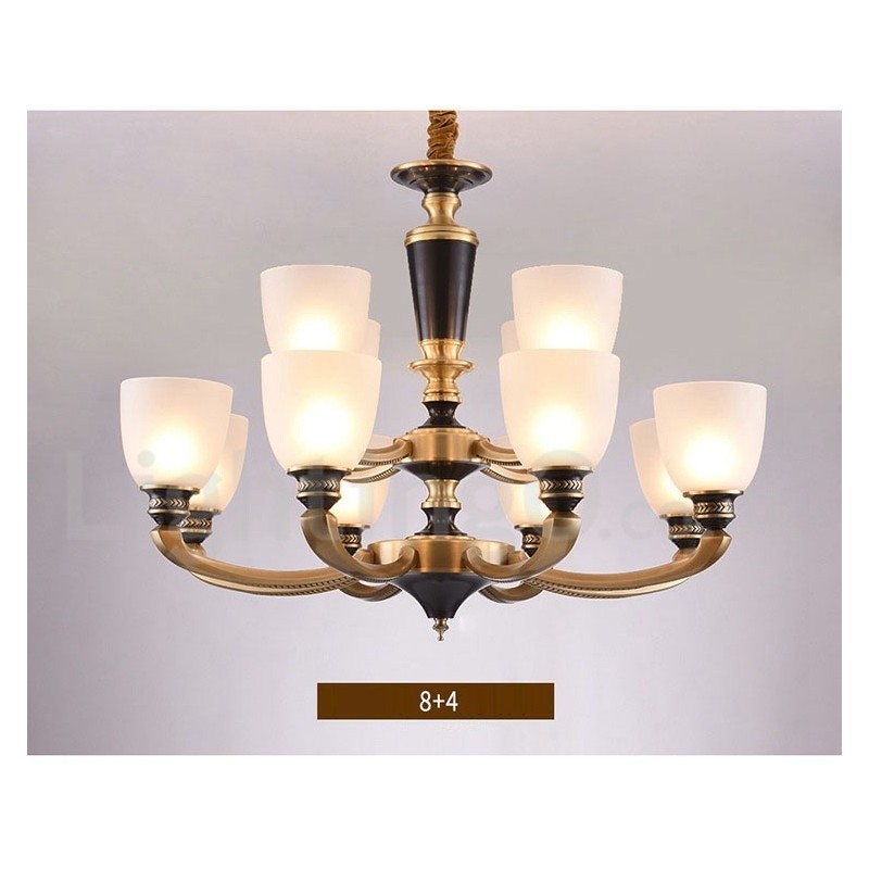 Pure Brass luxusní rustikální retro vintage mosazný závěsný svíčkový lustr se skleněnými stínidly