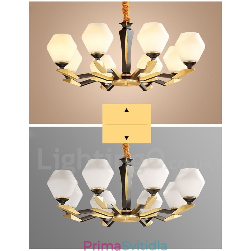 Pure Brass luxusní rustikální retro vintage mosazný závěsný svíčkový lustr se skleněnými stínidly