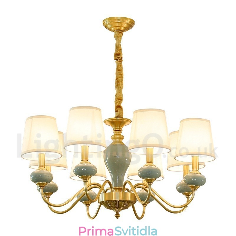 Pure Brass luxusní rustikální retro vintage mosazný keramický závěsný lustr na svíčku s látkovými stínidly