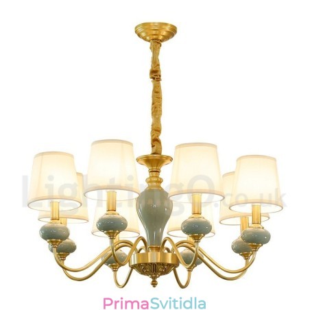 Pure Brass luxusní rustikální retro vintage mosazný keramický závěsný lustr na svíčku s látkovými stínidly Pure Brass luxusní rustikální retro vintage mosazný keramický závěsný lustr na svíčku s látkovými stínidly