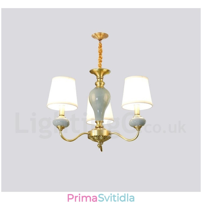 Pure Brass luxusní rustikální retro vintage mosazný keramický závěsný lustr na svíčku s látkovými stínidly