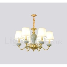 Pure Brass luxusní rustikální retro vintage mosazný keramický závěsný lustr na svíčku s látkovými stínidly
