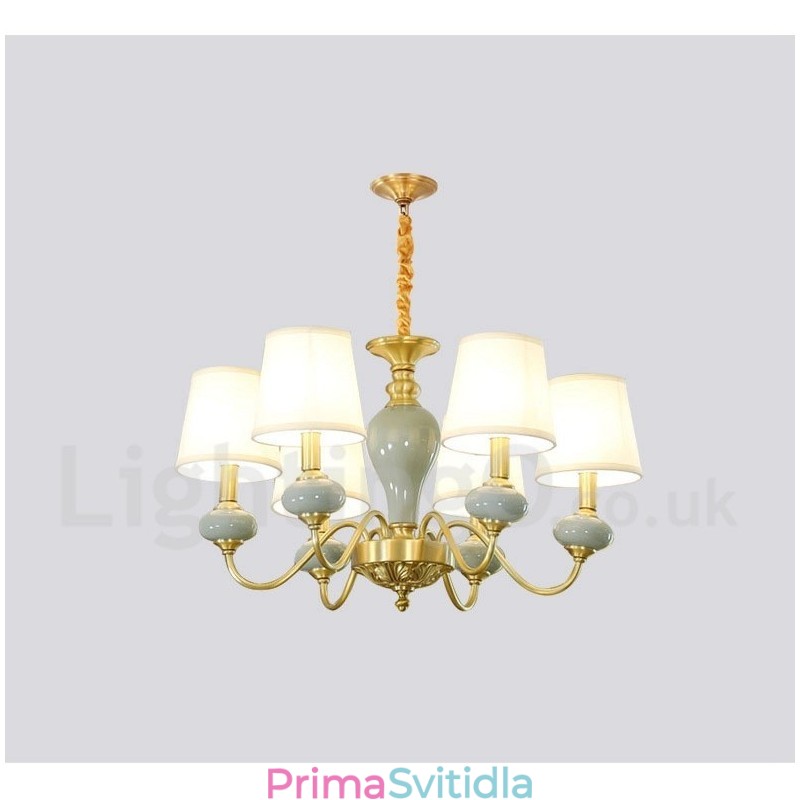 Pure Brass luxusní rustikální retro vintage mosazný keramický závěsný lustr na svíčku s látkovými stínidly