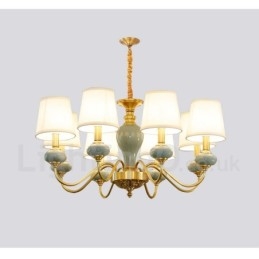 Pure Brass luxusní rustikální retro vintage mosazný keramický závěsný lustr na svíčku s látkovými stínidly