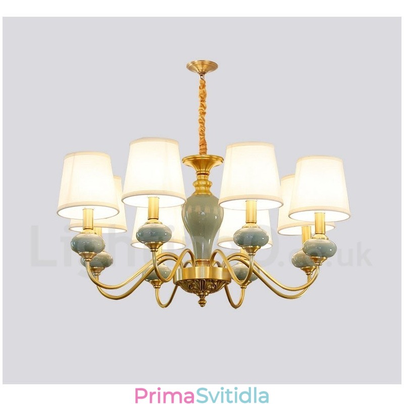 Pure Brass luxusní rustikální retro vintage mosazný keramický závěsný lustr na svíčku s látkovými stínidly