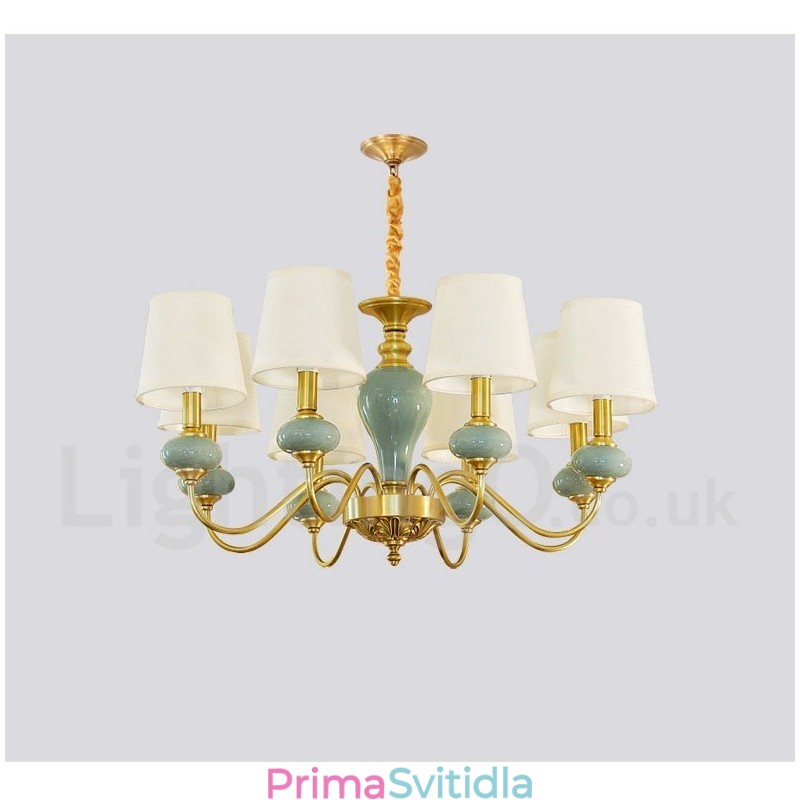Pure Brass luxusní rustikální retro vintage mosazný keramický závěsný lustr na svíčku s látkovými stínidly