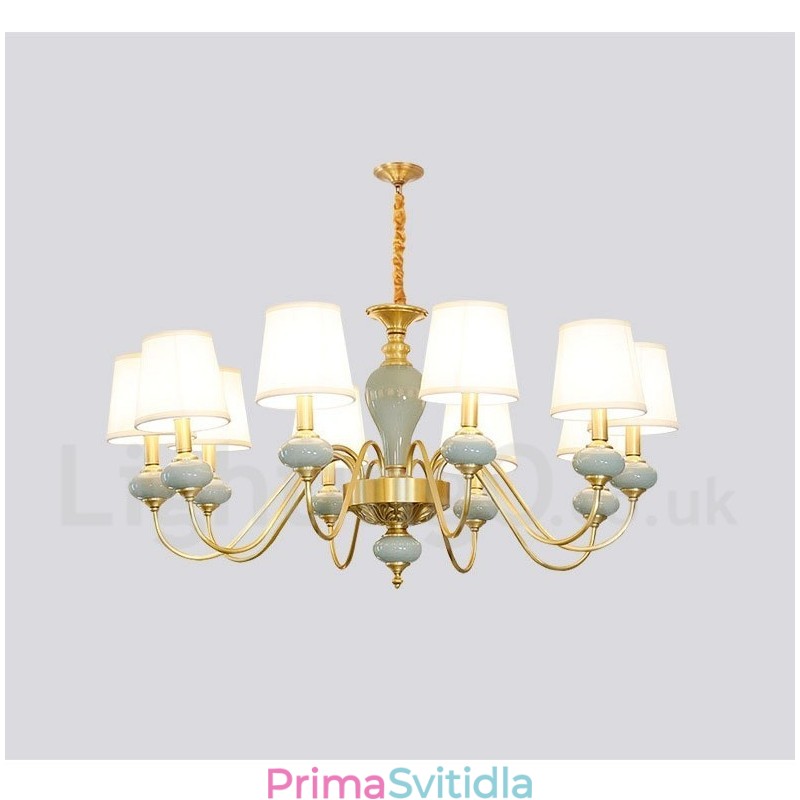 Pure Brass luxusní rustikální retro vintage mosazný keramický závěsný lustr na svíčku s látkovými stínidly