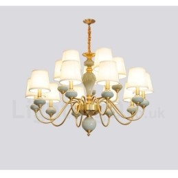 Pure Brass luxusní rustikální retro vintage mosazný keramický závěsný lustr na svíčku s látkovými stínidly