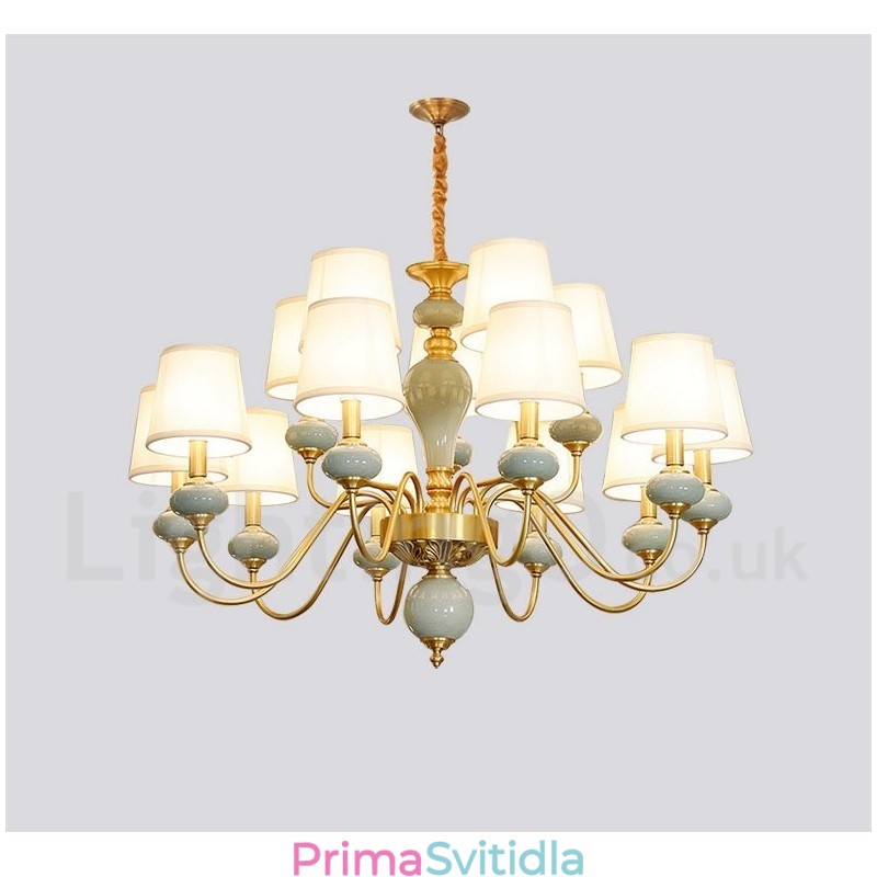 Pure Brass luxusní rustikální retro vintage mosazný keramický závěsný lustr na svíčku s látkovými stínidly