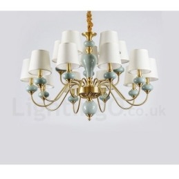 Pure Brass luxusní rustikální retro vintage mosazný keramický závěsný lustr na svíčku s látkovými stínidly