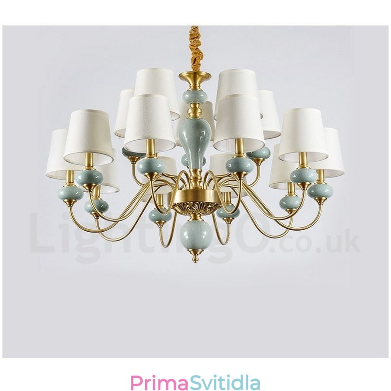 Pure Brass luxusní rustikální retro vintage mosazný keramický závěsný lustr na svíčku s látkovými stínidly