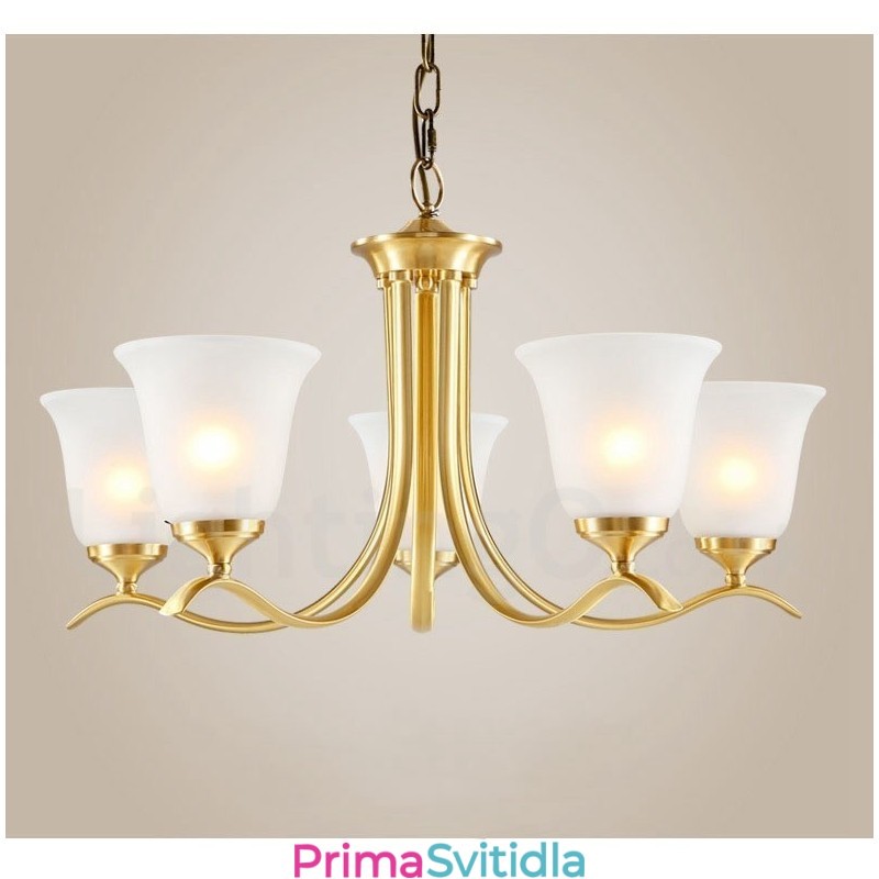Pure Brass luxusní rustikální retro vintage mosazný závěsný svíčkový lustr se skleněnými stínidly