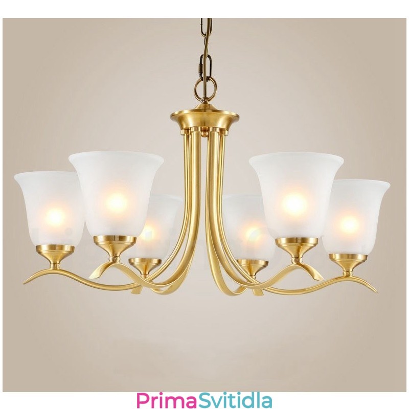 Pure Brass luxusní rustikální retro vintage mosazný závěsný svíčkový lustr se skleněnými stínidly