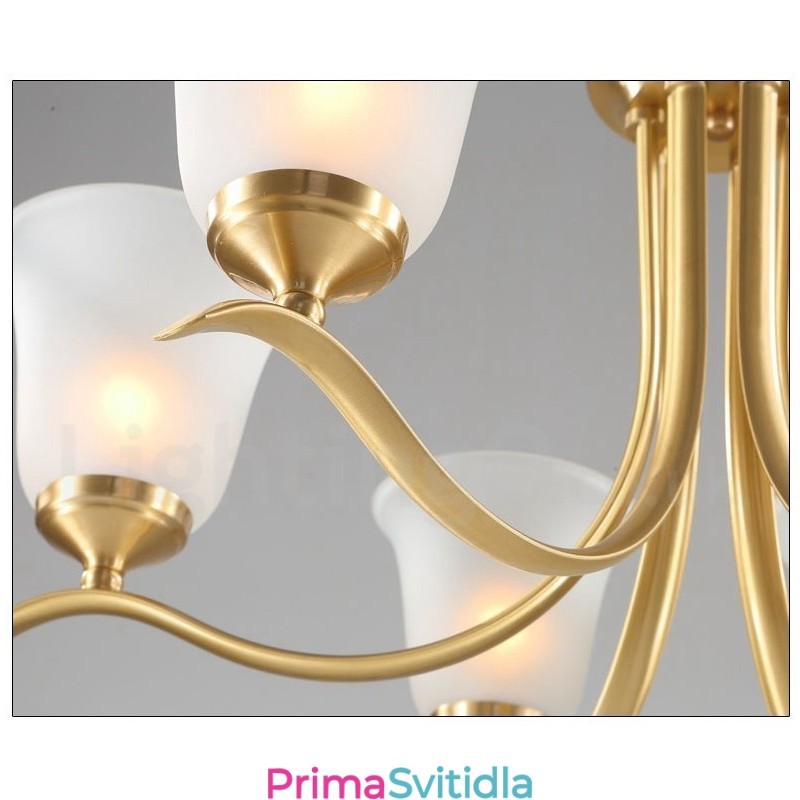 Pure Brass luxusní rustikální retro vintage mosazný závěsný svíčkový lustr se skleněnými stínidly