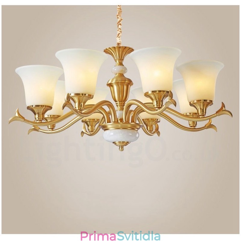 Pure Brass luxusní rustikální retro vintage mosazný kamenný závěsný svíčkový lustr se skleněnými stínidly