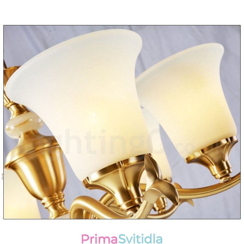 Pure Brass luxusní rustikální retro vintage mosazný kamenný závěsný svíčkový lustr se skleněnými stínidly