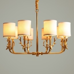 Pure Brass luxusní rustikální retro vintage mosazný závěsný svíčkový lustr s látkovými stínidly