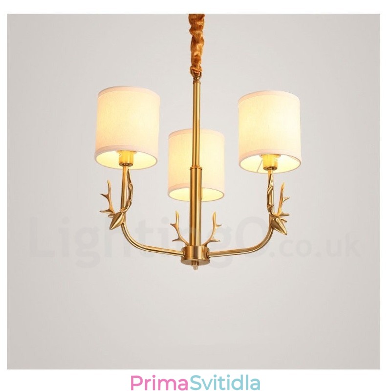 Pure Brass luxusní rustikální retro vintage mosazný závěsný svíčkový lustr s látkovými stínidly
