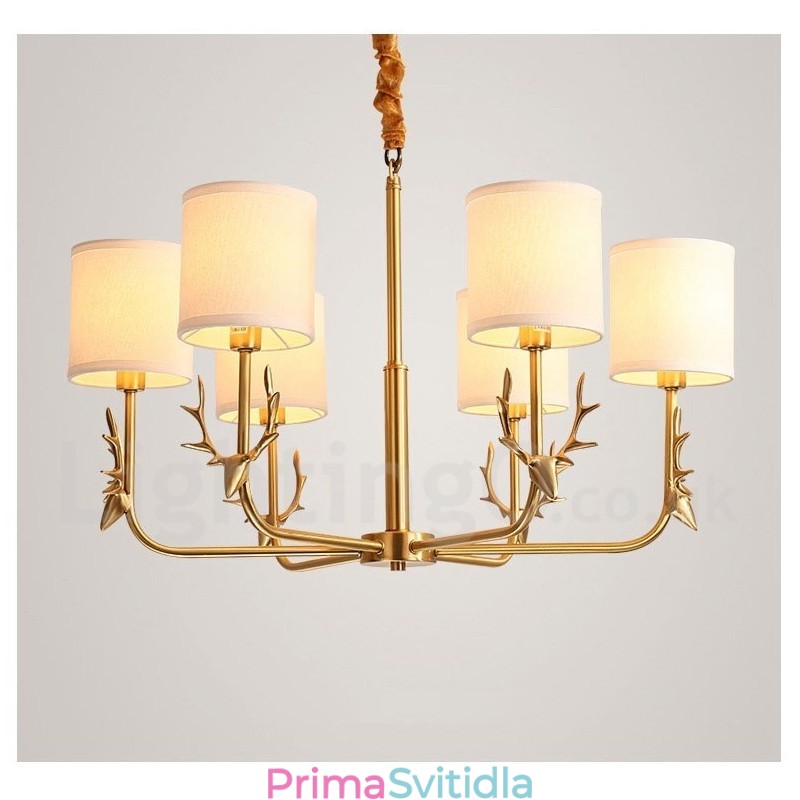 Pure Brass luxusní rustikální retro vintage mosazný závěsný svíčkový lustr s látkovými stínidly