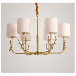 Pure Brass luxusní rustikální retro vintage mosazný závěsný svíčkový lustr s látkovými stínidly