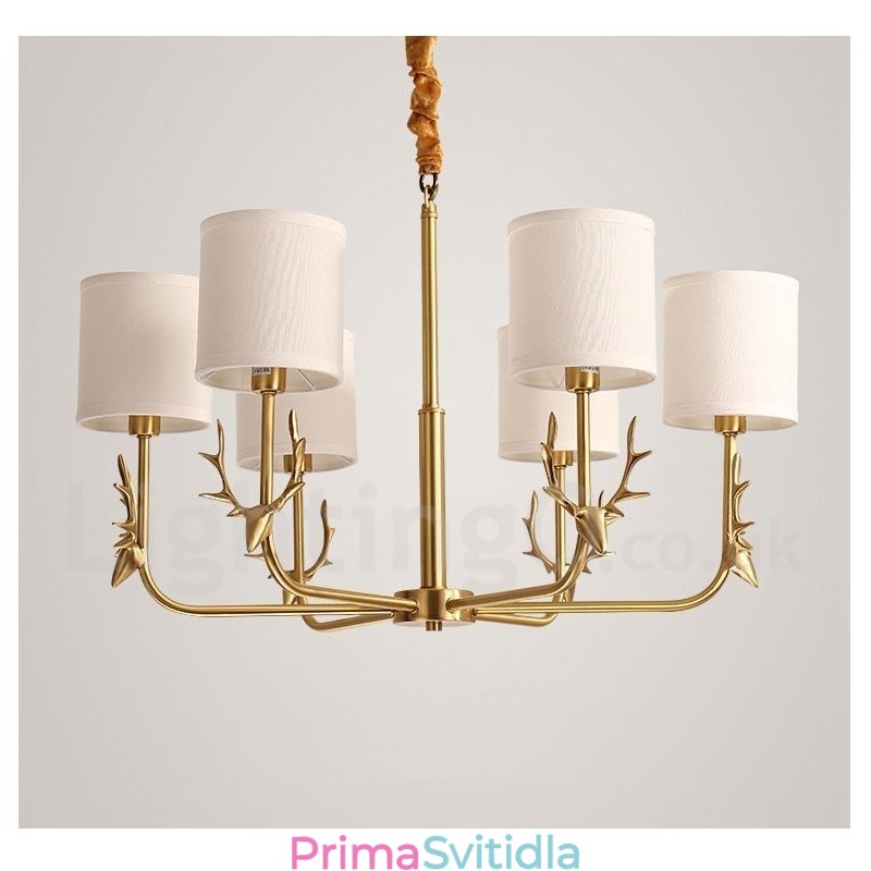 Pure Brass luxusní rustikální retro vintage mosazný závěsný svíčkový lustr s látkovými stínidly