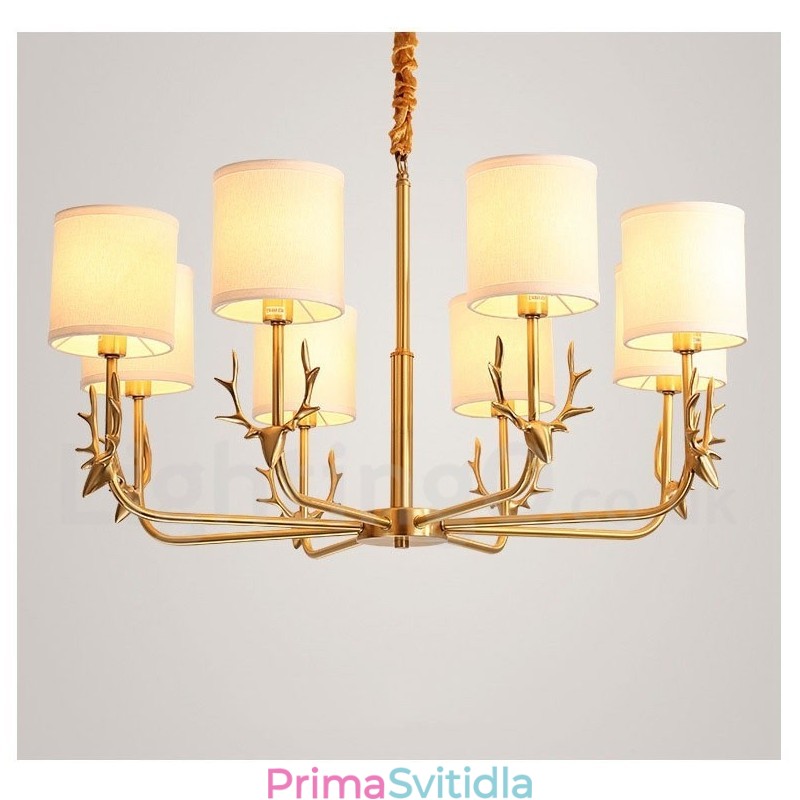 Pure Brass luxusní rustikální retro vintage mosazný závěsný svíčkový lustr s látkovými stínidly