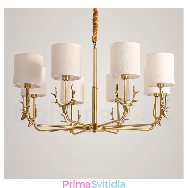 Pure Brass luxusní rustikální retro vintage mosazný závěsný svíčkový lustr s látkovými stínidly